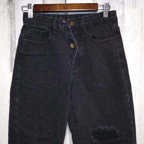 Princess Polly Size 2 Black Button Fly Crop Jeans - Picture 3 of 10